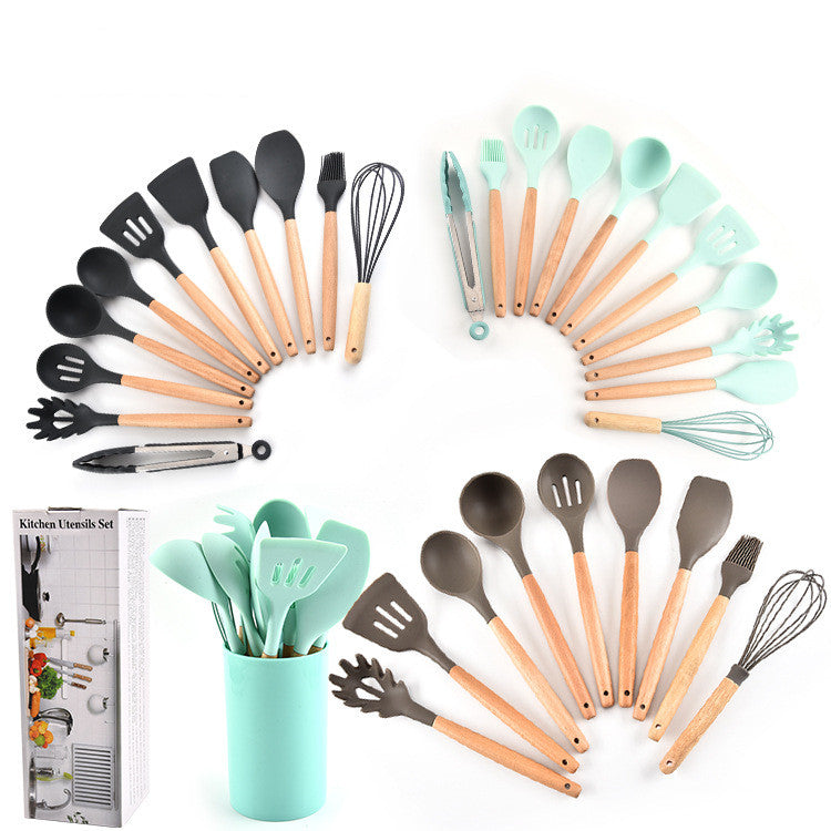 Silicone 11Pcs Kitchen Cooking Utensil Set Non-stick Spatula Heat Resistant Wooden Handle