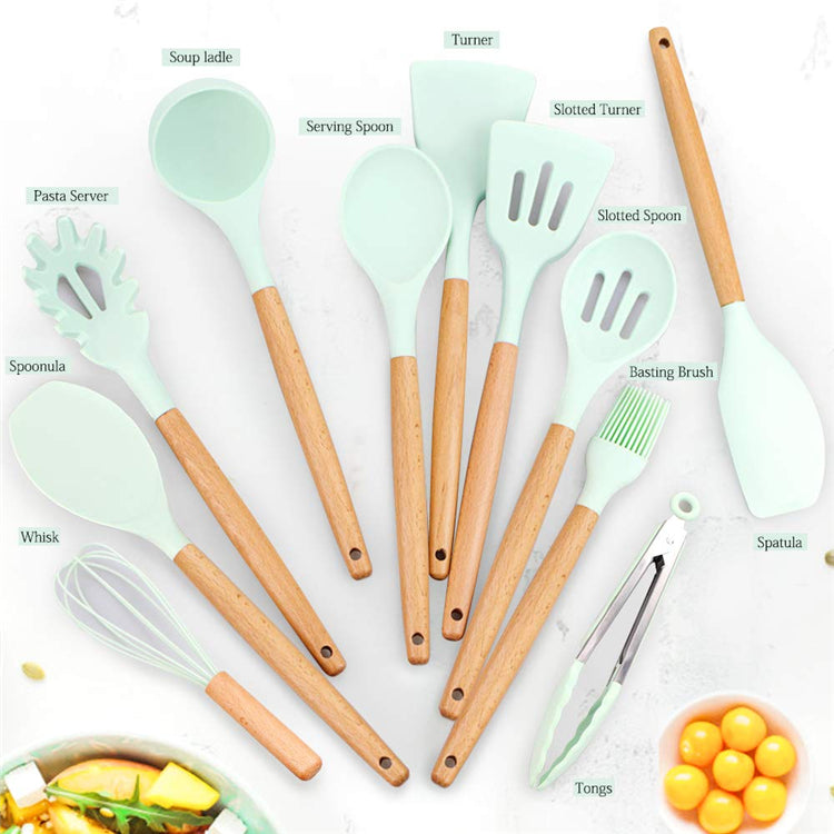 Silicone 11Pcs Kitchen Cooking Utensil Set Non-stick Spatula Heat Resistant Wooden Handle